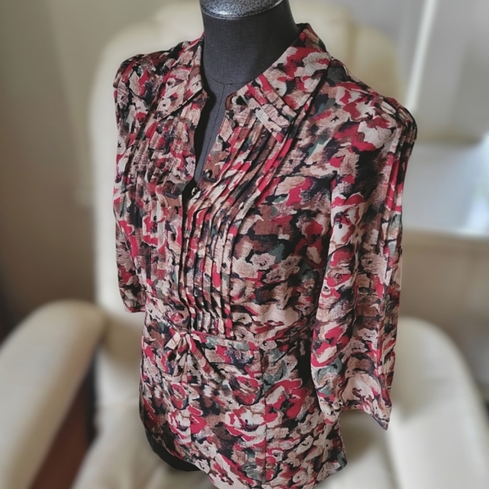 Planet silk floral print peplum button front tie-waist blouse